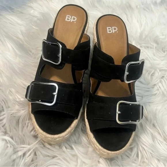 BP Buckle Suede Cork Wedges in Black - Picture 1 of 7